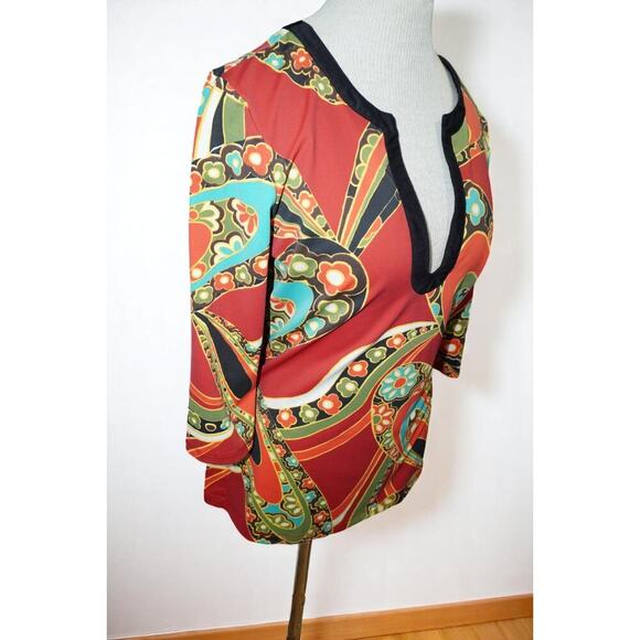Vintage Athleta Y2K Psychedelic Floral Blouse – Size S – Deep V-Neck Stretch Top - Picture 2 of 8